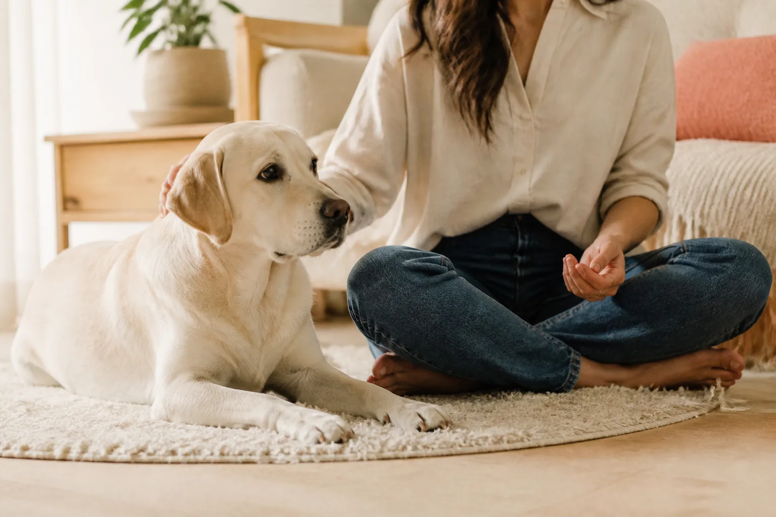Calm labrador settling on a soft rug during a reset training moment