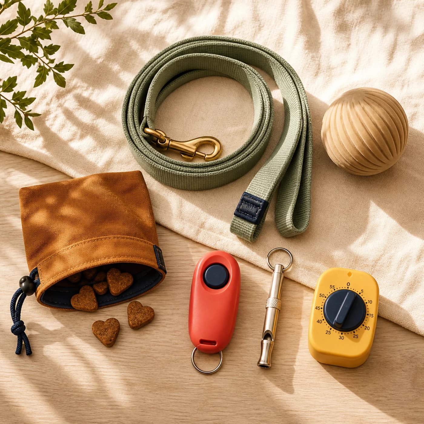 A leash, treat pouch, rewards, clicker, whistle, timer, and toy prepared for a short dog training session